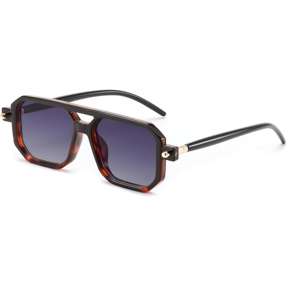 imageFEISEDY Vintage Square 70s Flat Aviator Sunglasses Women Men Classic Retro Stylish Frame UV400 Sunglasses B2622016 Black Leopard Frame Gradient Blue Lens