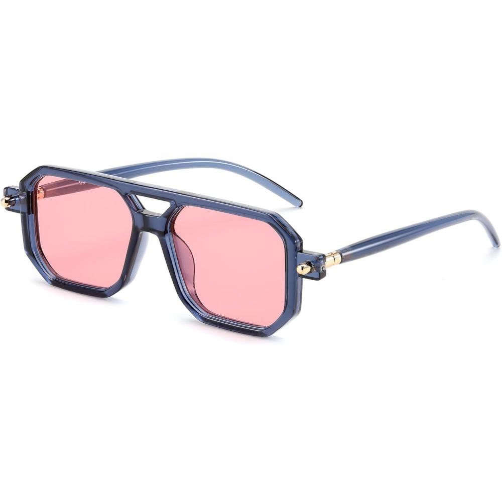 imageFEISEDY Vintage Square 70s Flat Aviator Sunglasses Women Men Classic Retro Stylish Frame UV400 Sunglasses B2622019 Ink Blue Frame Pink Lens