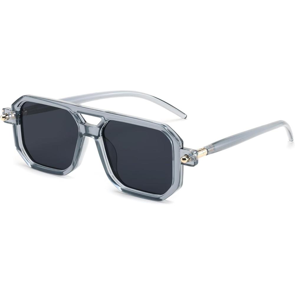 imageFEISEDY Vintage Square 70s Flat Aviator Sunglasses Women Men Classic Retro Stylish Frame UV400 Sunglasses B2622022 Transparent Grey Frame Grey Lens