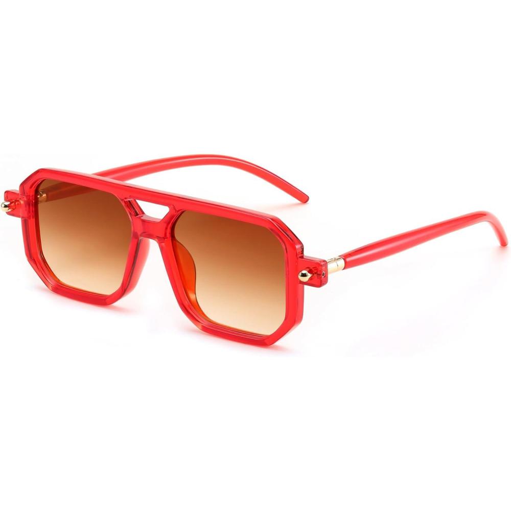 imageFEISEDY Vintage Square 70s Flat Aviator Sunglasses Women Men Classic Retro Stylish Frame UV400 Sunglasses B2622023 Transparent Red Frame Gradient Tea Lens