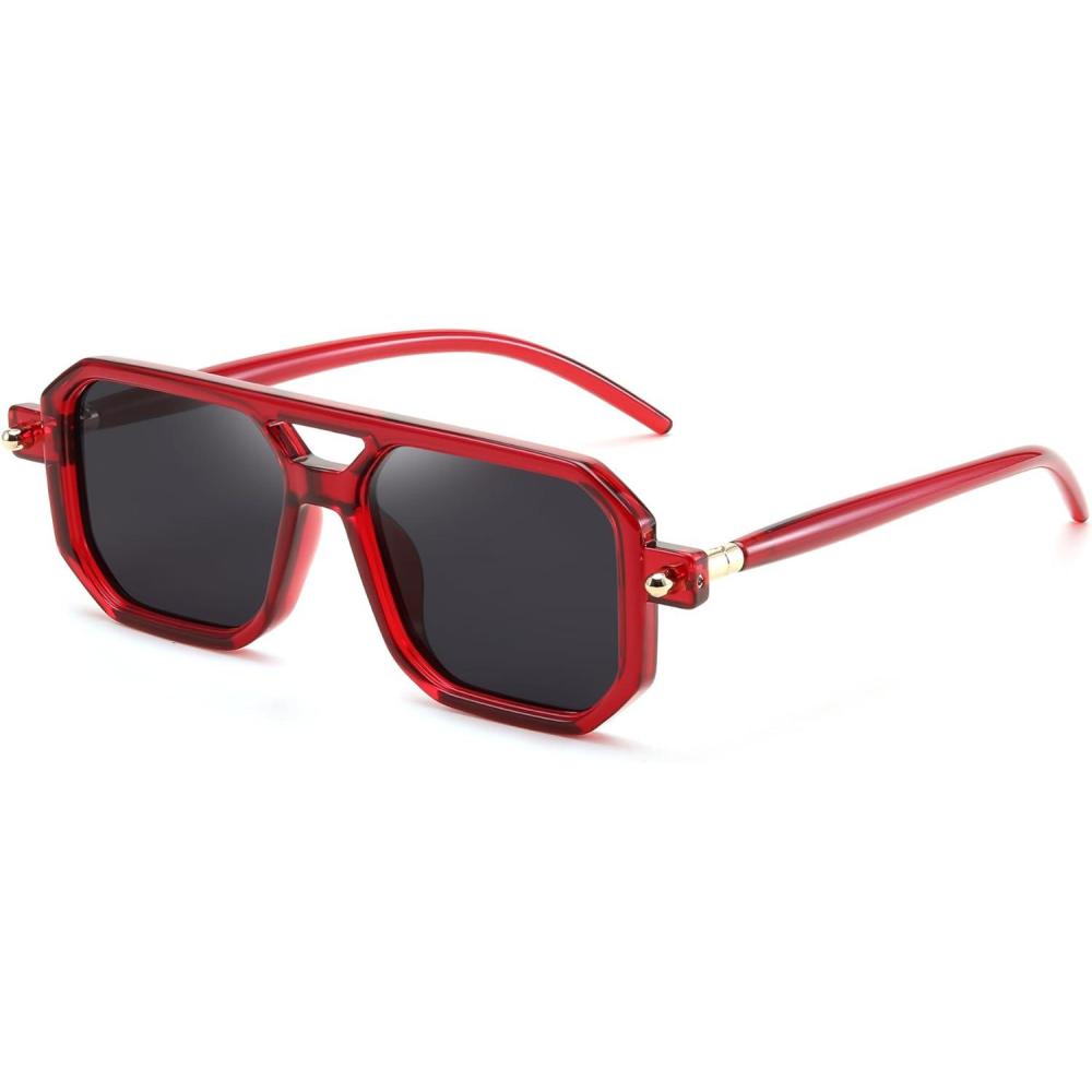 imageFEISEDY Vintage Square 70s Flat Aviator Sunglasses Women Men Classic Retro Stylish Frame UV400 Sunglasses B2622024 Wine Red Frame Grey Lens
