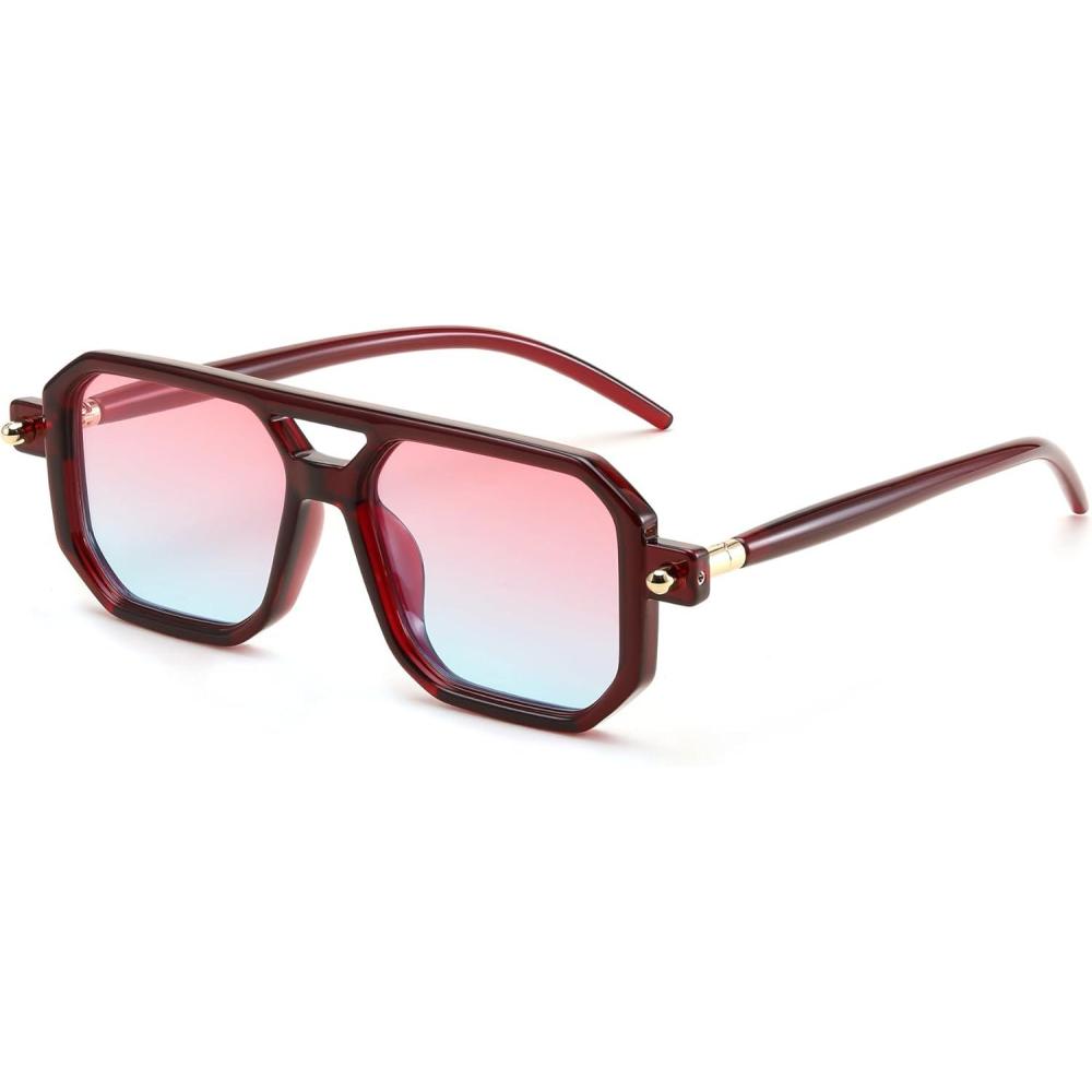 imageFEISEDY Vintage Square 70s Flat Aviator Sunglasses Women Men Classic Retro Stylish Frame UV400 Sunglasses B2622025 Dark Red Frame Pink Blue Lens