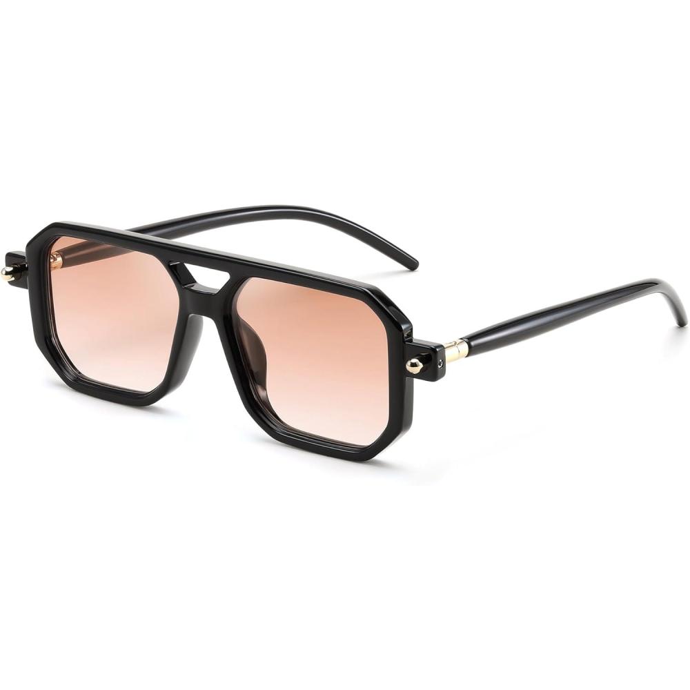 imageFEISEDY Vintage Square 70s Flat Aviator Sunglasses Women Men Classic Retro Stylish Frame UV400 Sunglasses B2622027 Black Frame Gradient Orange Lens