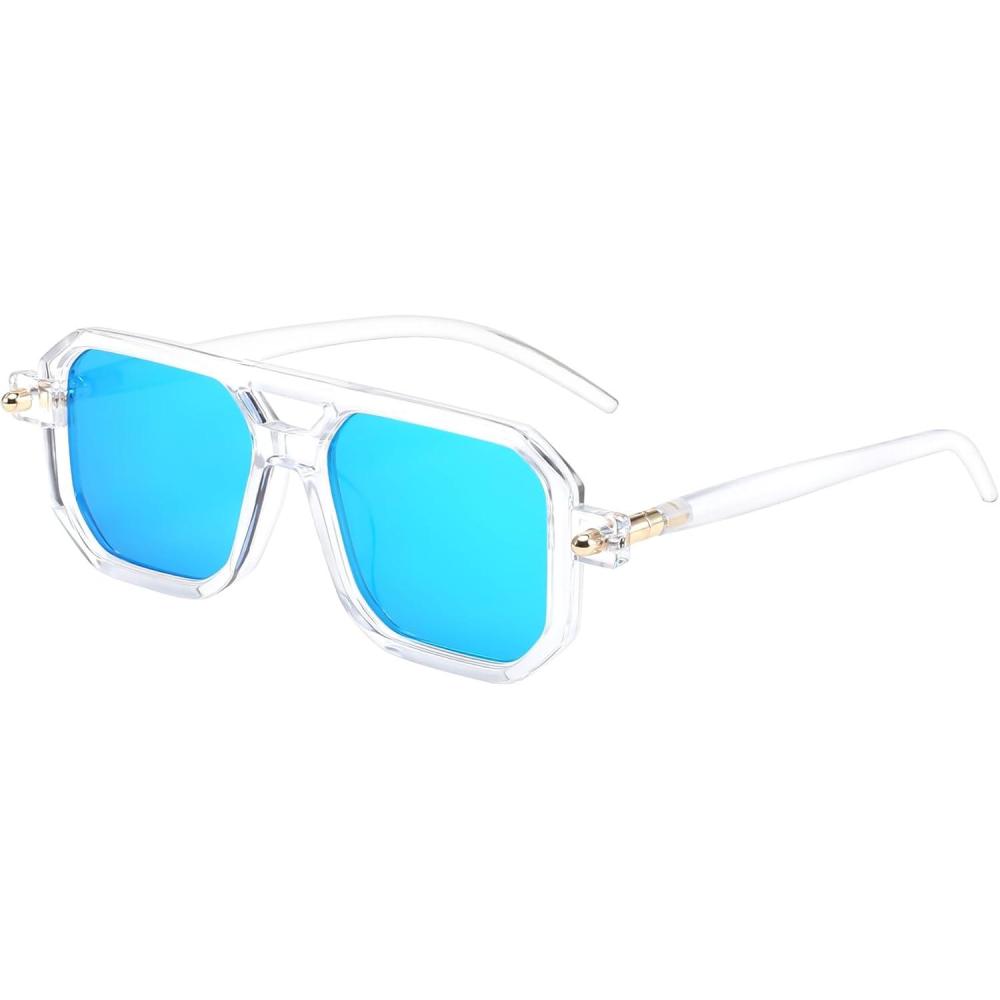 imageFEISEDY Vintage Square 70s Flat Aviator Sunglasses Women Men Classic Retro Stylish Frame UV400 Sunglasses B2622029 Transparent Frame Blue Mirrored Lens