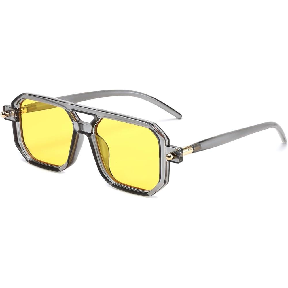 imageFEISEDY Vintage Square 70s Flat Aviator Sunglasses Women Men Classic Retro Stylish Frame UV400 Sunglasses B2622031 Transparent Grey Frame Yellow Lens