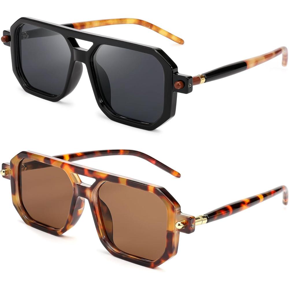 imageFEISEDY Vintage Square 70s Flat Aviator Sunglasses Women Men Classic Retro Stylish Frame UV400 Sunglasses B26222 Pack BlackGrey LeopardTea