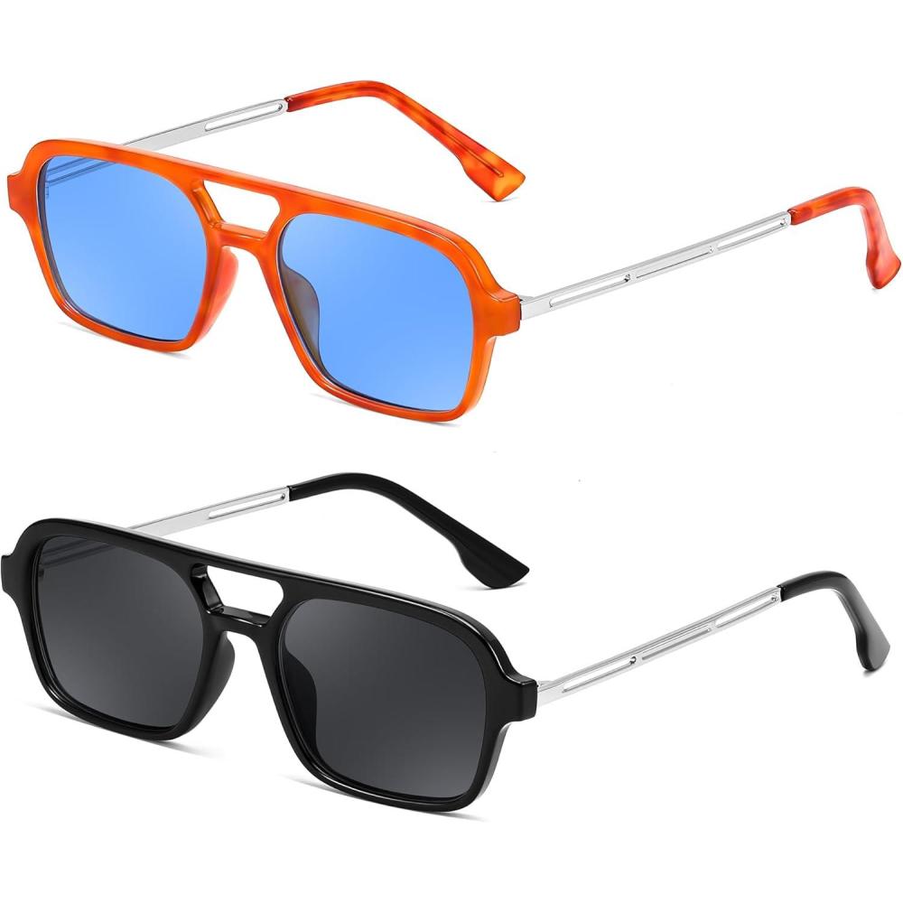imageFEISEDY Vintage Square 70s Flat Aviator Sunglasses Women Men Metal Design Shades B27522 Pack OrangeBlue BlackGrey