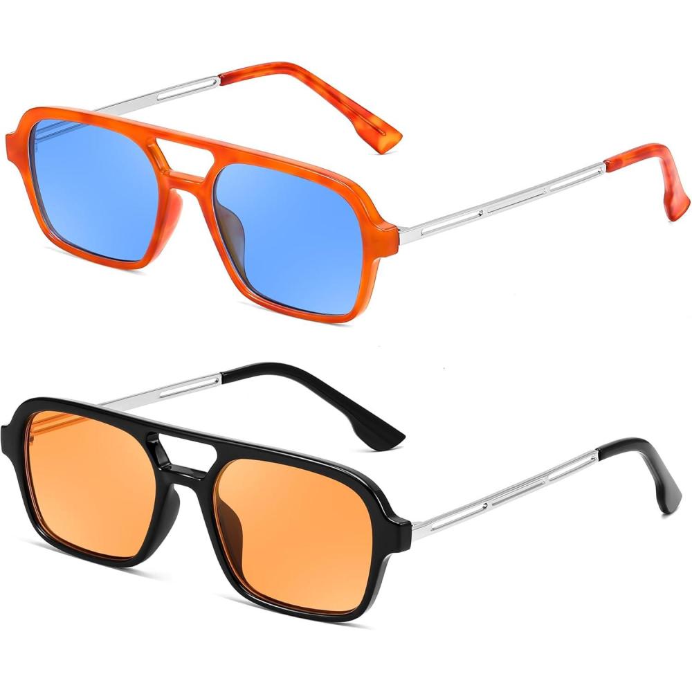 imageFEISEDY Vintage Square 70s Flat Aviator Sunglasses Women Men Metal Design Shades B27522 Pack OrangeBlue BlackYellow