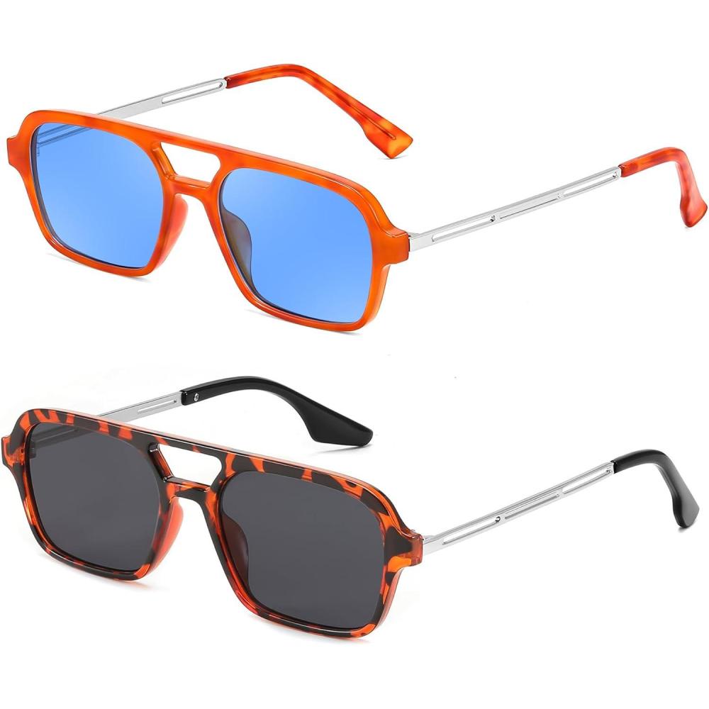 imageFEISEDY Vintage Square 70s Flat Aviator Sunglasses Women Men Metal Design Shades B27522 Pack OrangeBlue LeopardGray