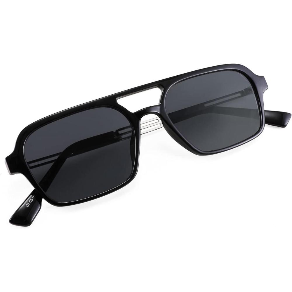 imageFEISEDY Vintage Square 70s Flat Aviator Sunglasses Women Men Metal Design Shades B2752Black FrameGrey Lens