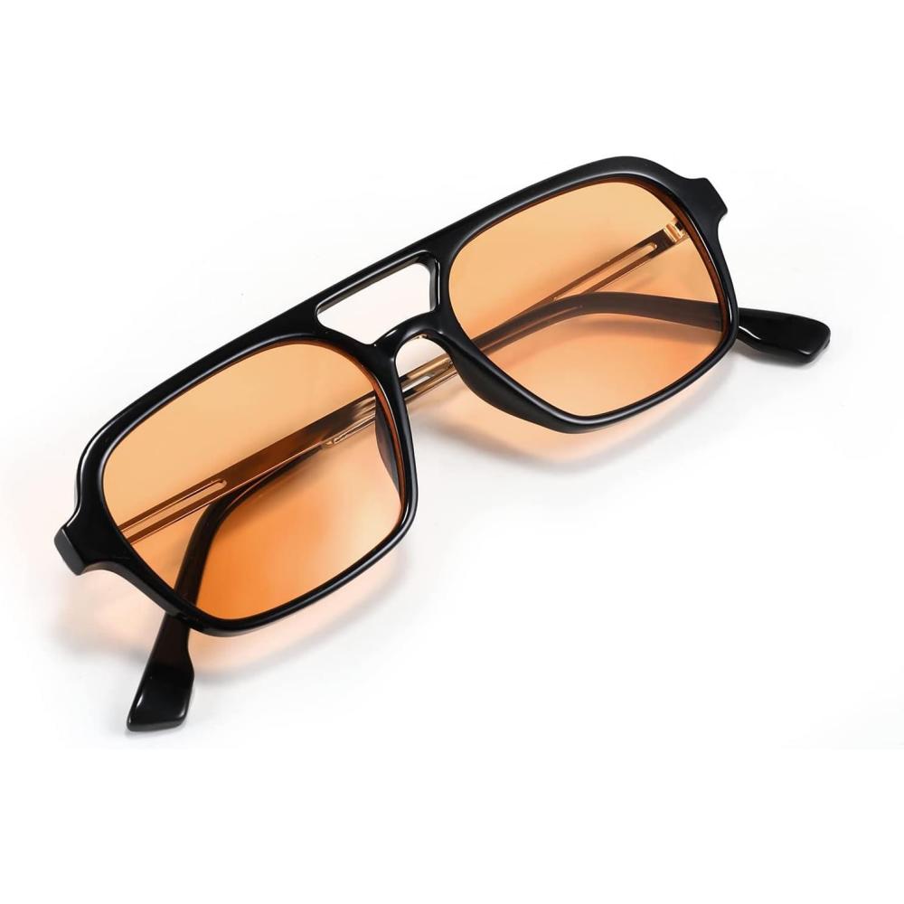imageFEISEDY Vintage Square 70s Flat Aviator Sunglasses Women Men Metal Design Shades B2752Blackyellow