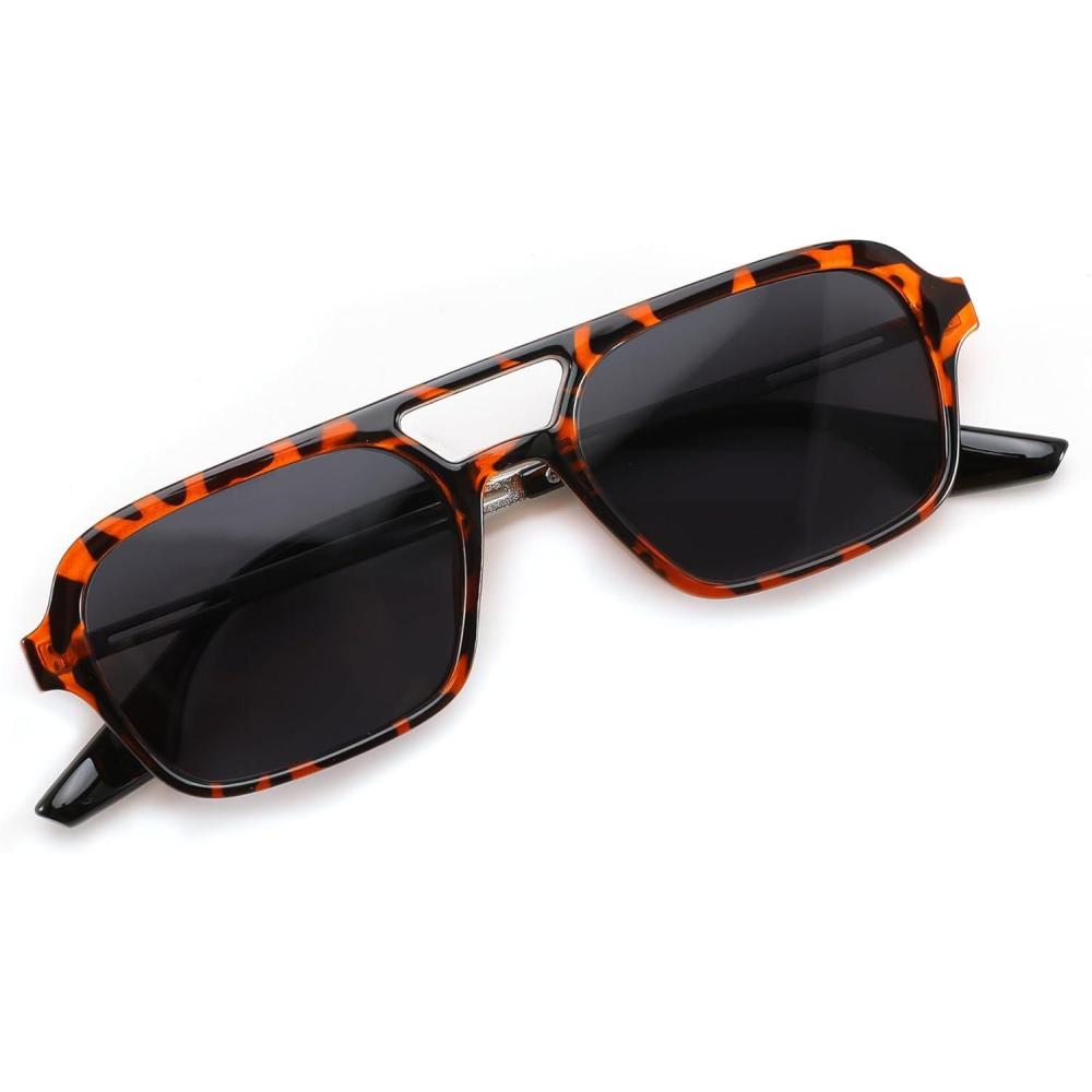 imageFEISEDY Vintage Square 70s Flat Aviator Sunglasses Women Men Metal Design Shades B2752Leopard FrameGrey Lens
