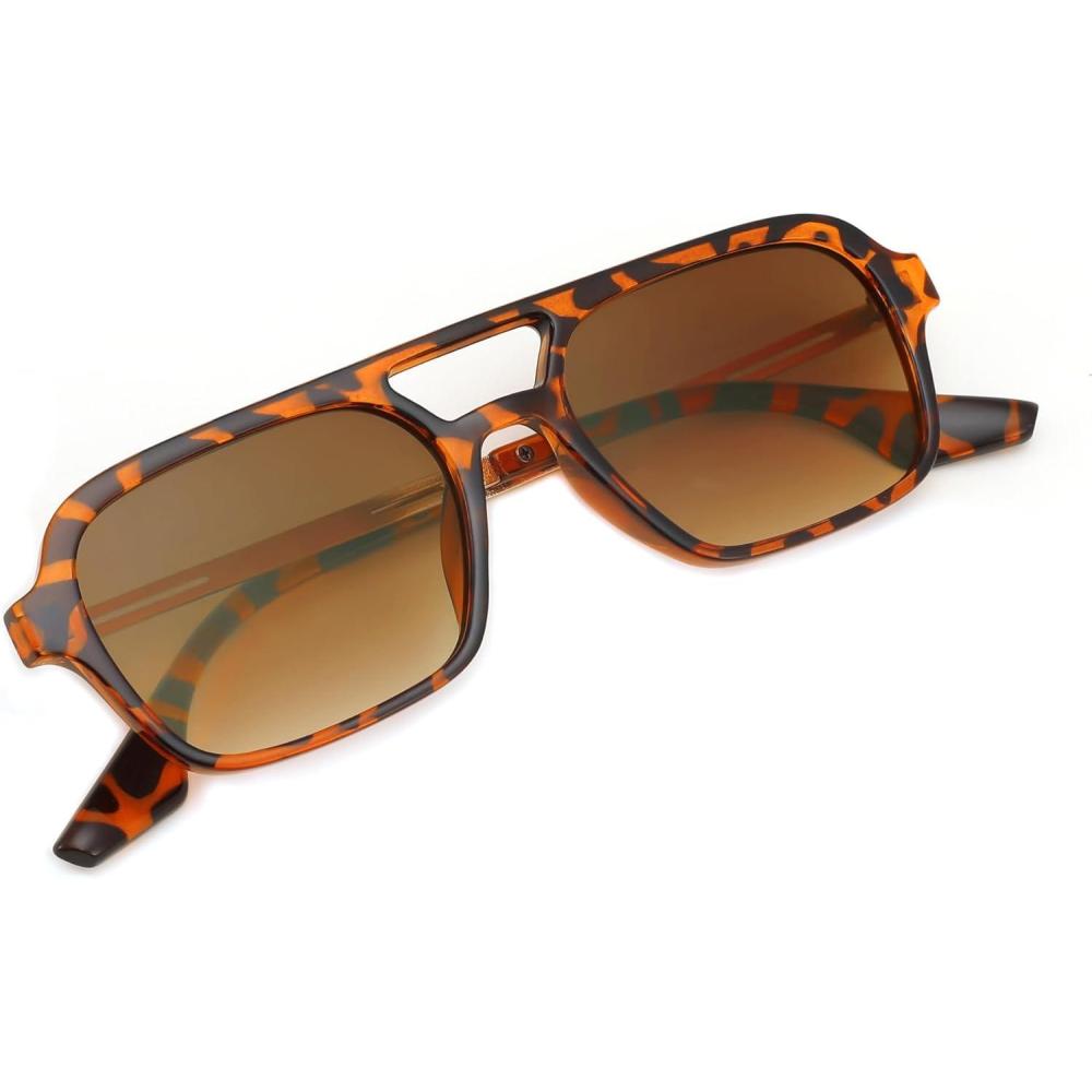 imageFEISEDY Vintage Square 70s Flat Aviator Sunglasses Women Men Metal Design Shades B2752Leopard FrameTea Lens
