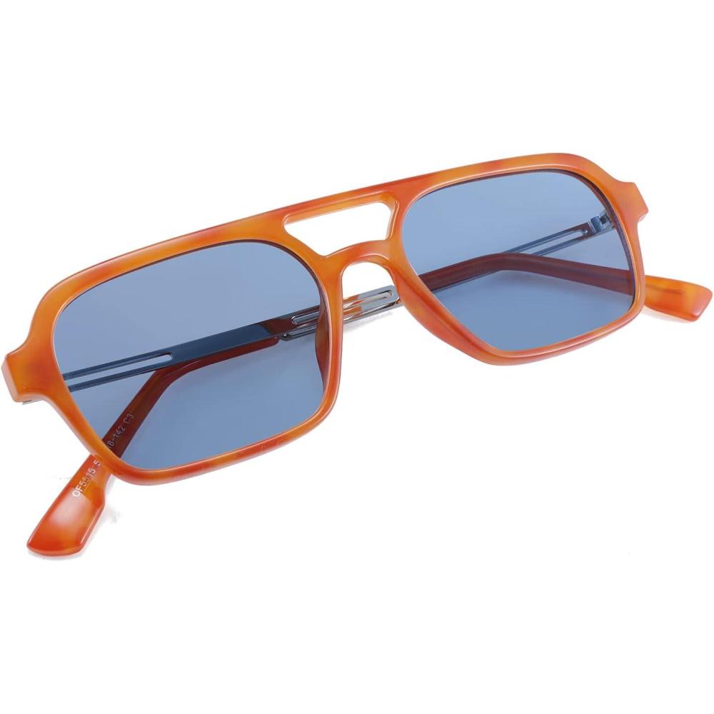 imageFEISEDY Vintage Square 70s Flat Aviator Sunglasses Women Men Metal Design Shades B2752Orange FrameBlue Lens