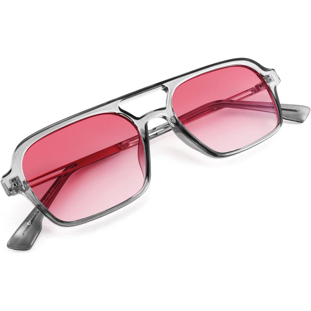 imageFEISEDY Vintage Square 70s Flat Aviator Sunglasses Women Men Metal Design Shades B2752Transparent Grey FrameGradient Pink Lens