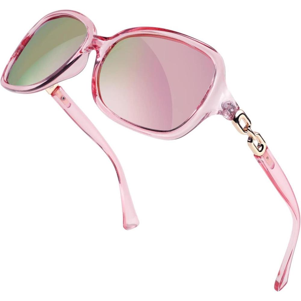 imageFEISEDY Vintage Square Polarized Sunglasses for Women UV400 Travel Driving Fashion Arcuate Sunglasses B2526Clear Pink Frame Pink Mirrored Lenses