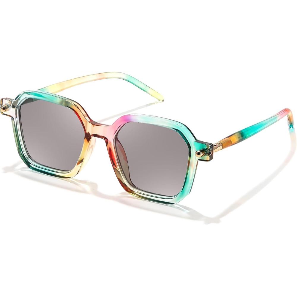 imageFEISEDY Vintage Square Sunglasses Men Women Classic Retro Trendy Large Frame UV400 Sun Glasses B0154002 Rainbow Light Grey