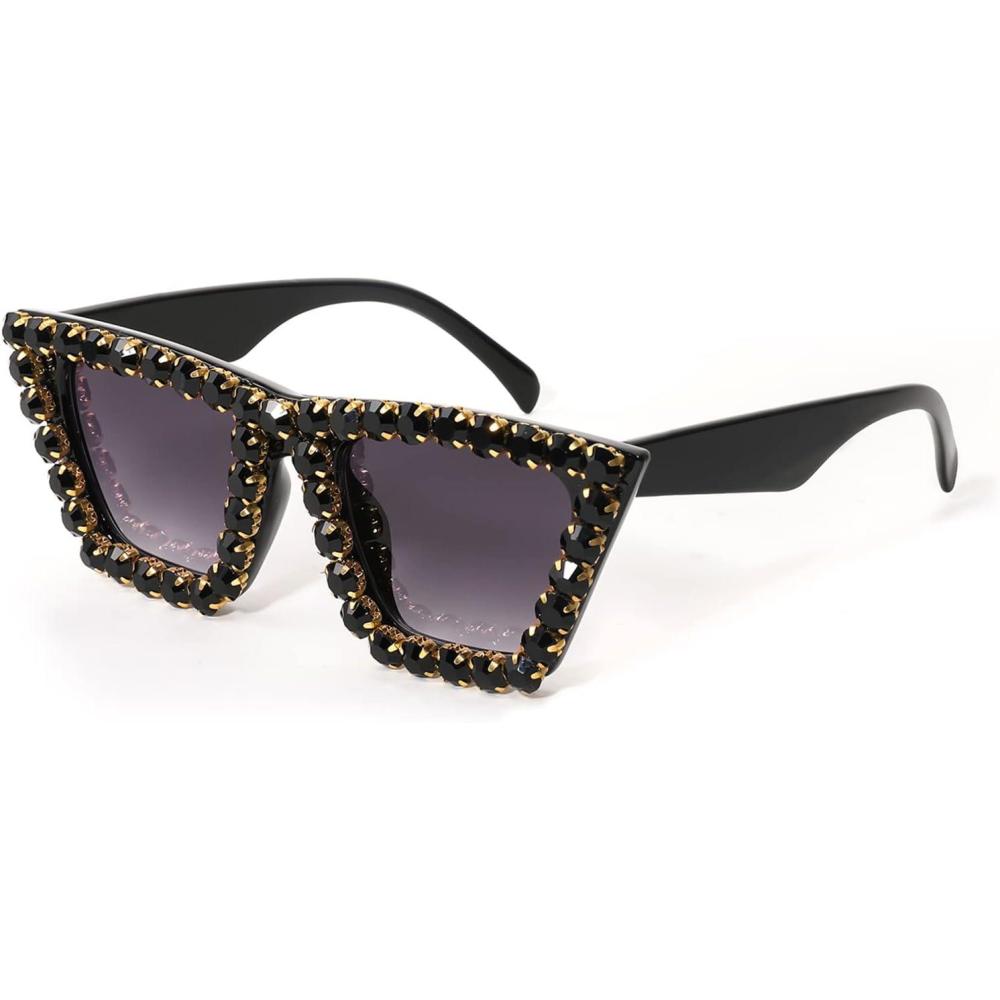 imageFEISEDY Women Crystal Square Cat Eye Sunglasses Sparkling Trendy Retro Cateye Sunglasses B2898Black
