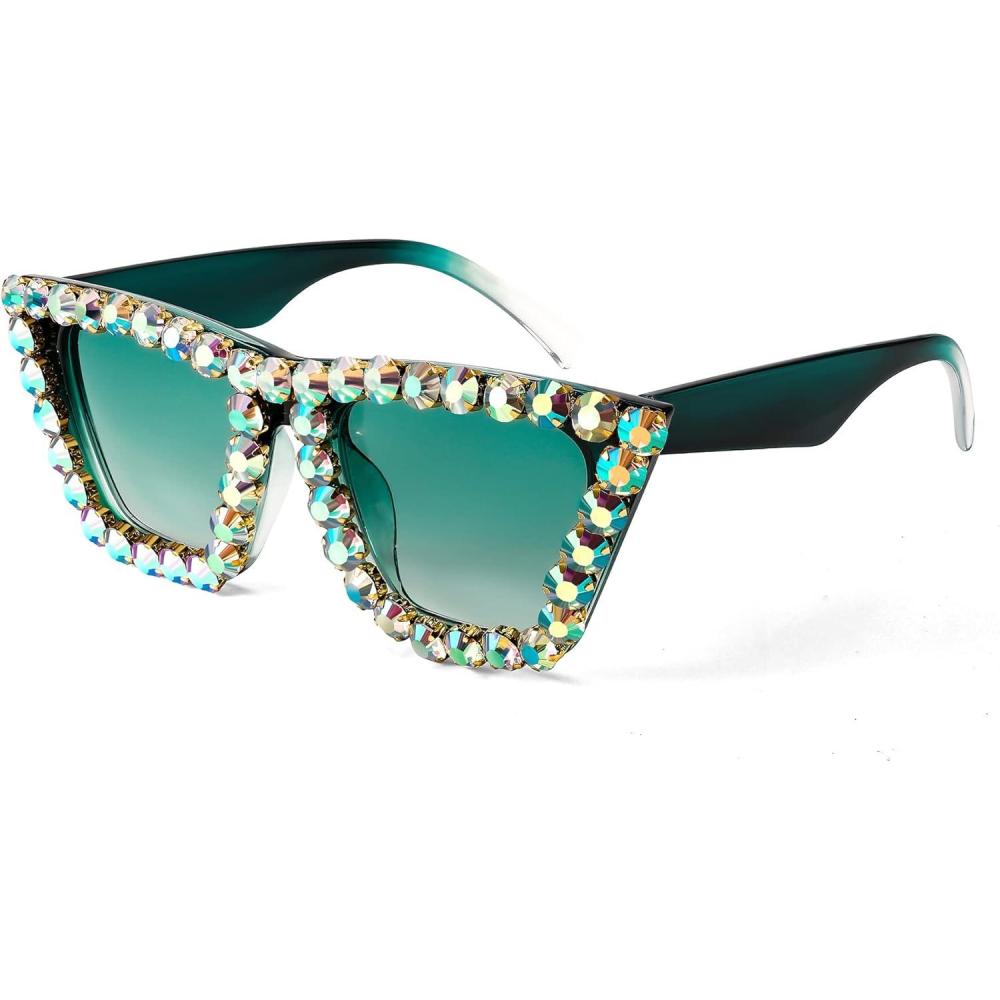 imageFEISEDY Women Crystal Square Cat Eye Sunglasses Sparkling Trendy Retro Cateye Sunglasses B2898Blackish Green