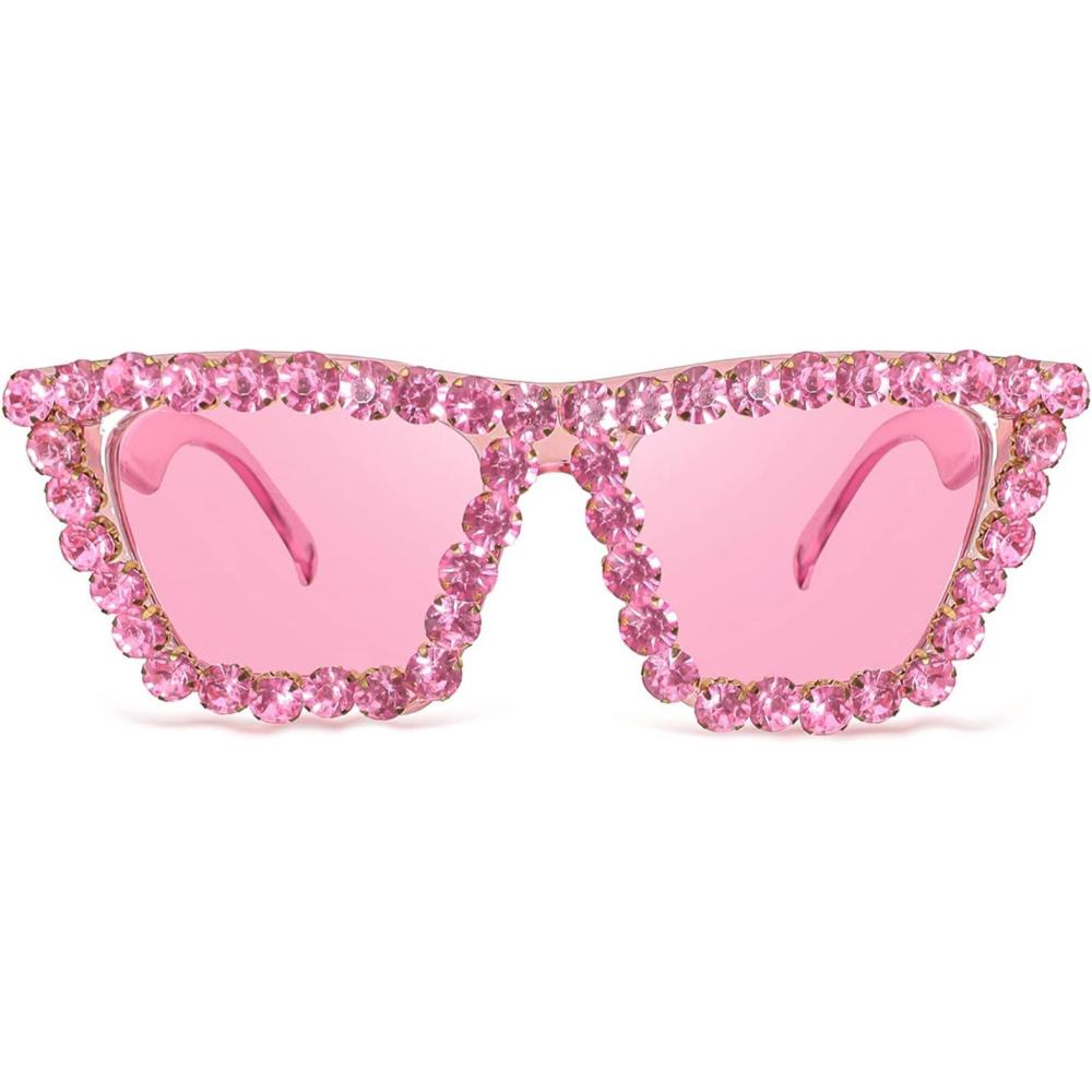 imageFEISEDY Women Crystal Square Cat Eye Sunglasses Sparkling Trendy Retro Cateye Sunglasses B2898Pink