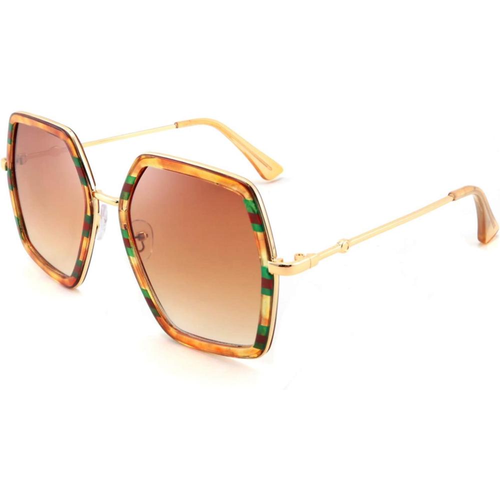 imageFEISEDY Women Large Hexagon Inspired Sunglasses Fashion Irregular Design Style Geometric B2503Amber With Red Green Stripes