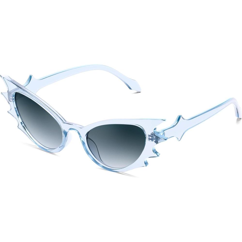 imageFEISEDY Women Men Cat Eye Sunglasses Bat Shades Womens Funny Party Sunglasses for Halloween B9165Transparent Blue Frame Blue Lens
