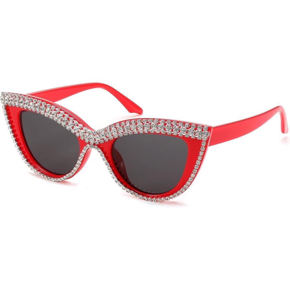 imageFEISEDY Women Oversized Diamond Sunglasses Fashion Cat Eye Rhinestone Sunglasses Jeweled Frame Costume Party B2360Red Stripe Diamond