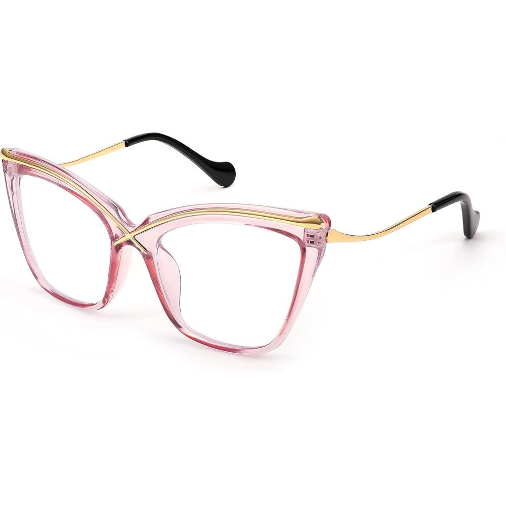 imageFEISEDY Women Oversized Square Blue Light Blocking Glasses Anti Eyestrain Cat Eye Fashion Eyewear B2956Transparent Pink