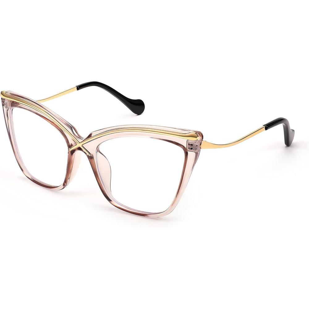 imageFEISEDY Women Oversized Square Blue Light Blocking Glasses Anti Eyestrain Cat Eye Fashion Eyewear B2956Transparent Tea
