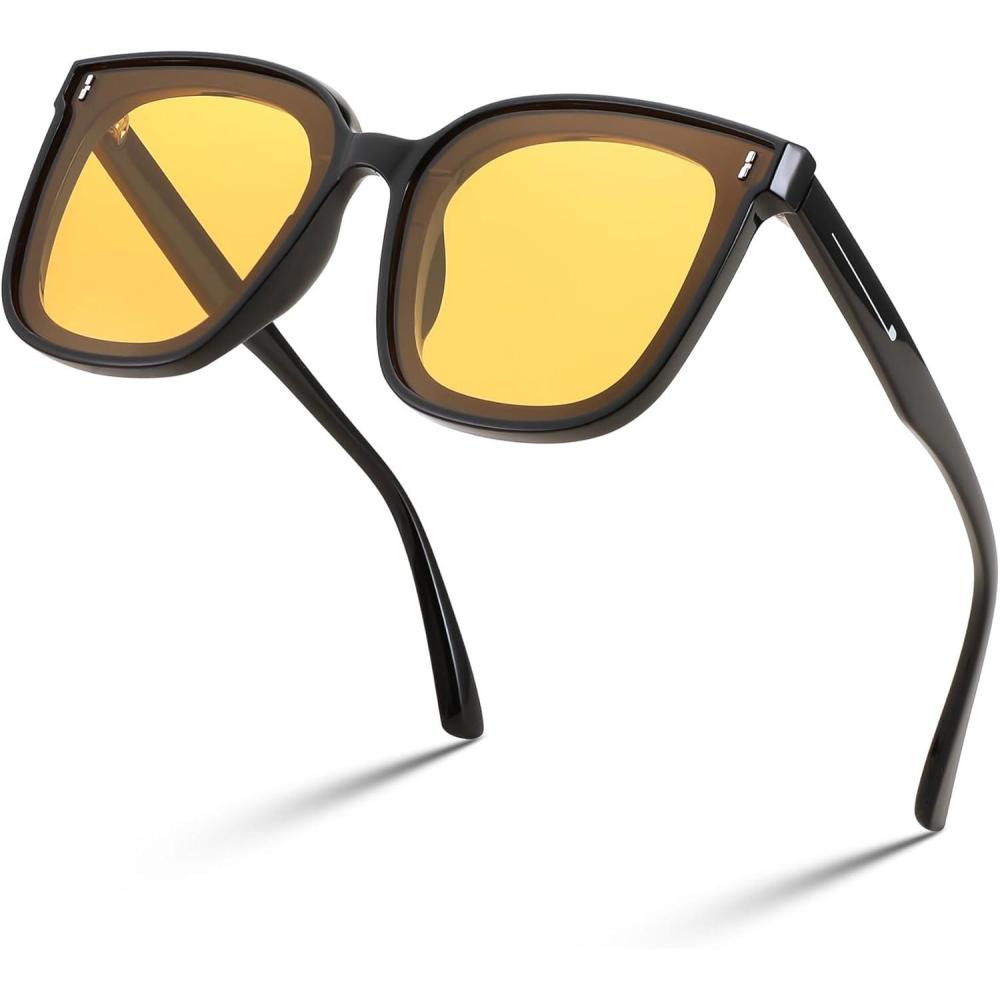 imageFEISEDY Women Oversized Vintage Polarized Sunglasses Square Cute Trendy Classic Simple Men B2758011 Black Frame Yellow Lens