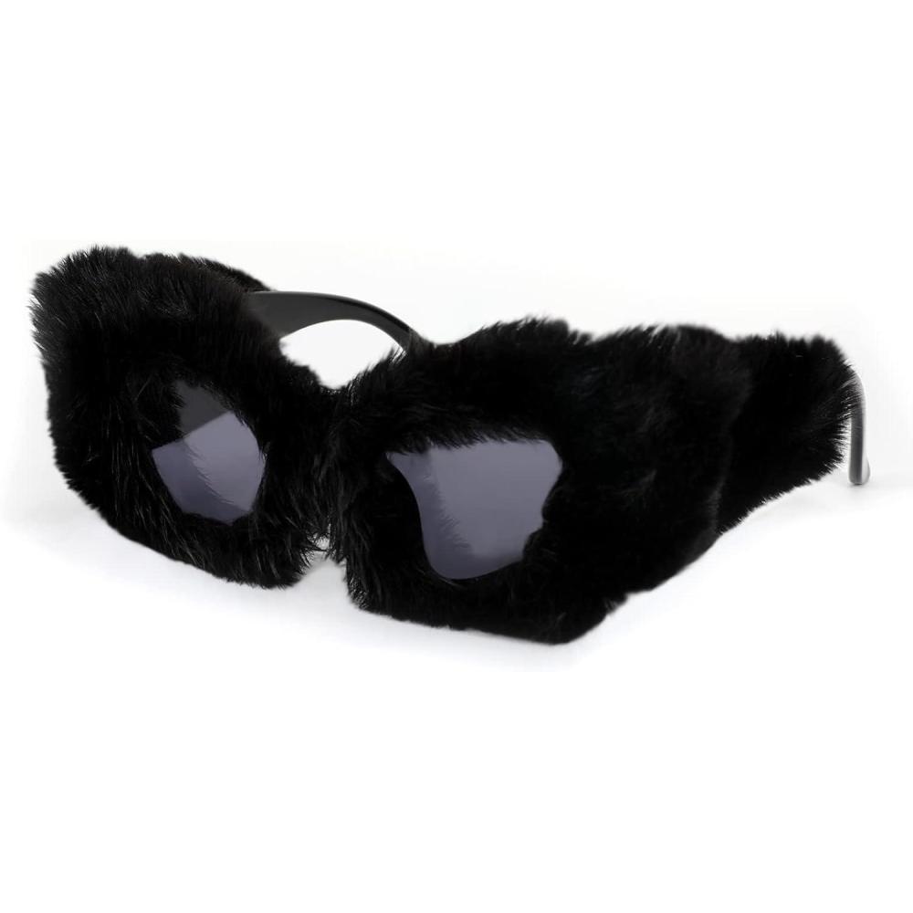 imageFEISEDY Women Plush Fuzzy Cat Eye Sunglasses Punk Soft Velvet Shades Ladies Handmade Party Masquerade Eyewear B2877Black