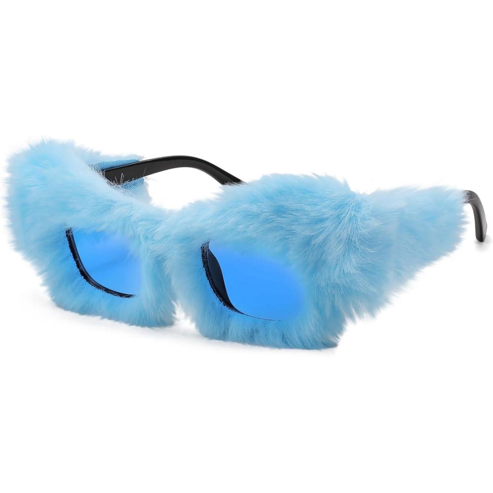 imageFEISEDY Women Plush Fuzzy Cat Eye Sunglasses Punk Soft Velvet Shades Ladies Handmade Party Masquerade Eyewear B2877Blue 0086