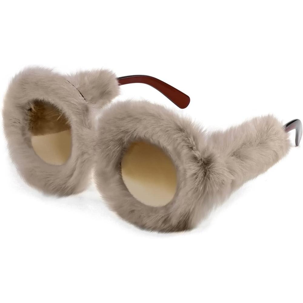 imageFEISEDY Women Plush Fuzzy Cat Eye Sunglasses Punk Soft Velvet Shades Ladies Handmade Party Masquerade Eyewear B2877Brown Round 2889