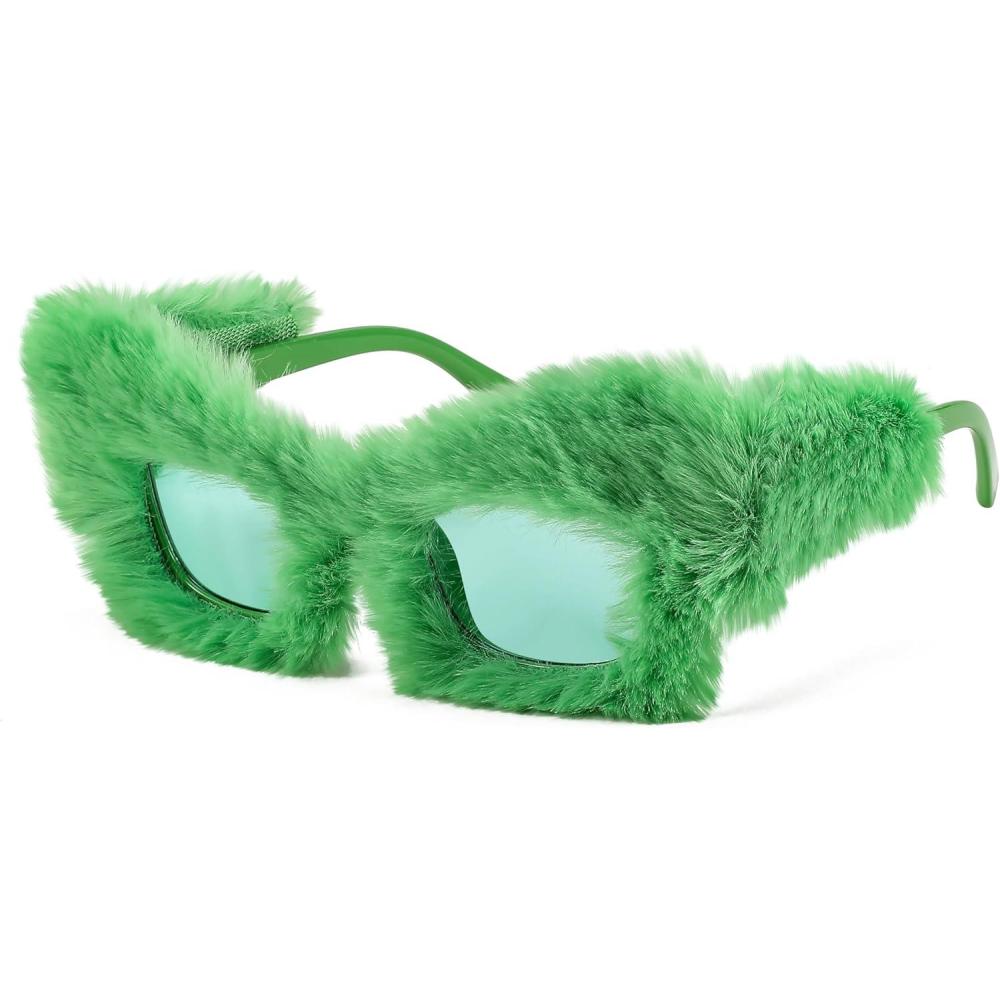 imageFEISEDY Women Plush Fuzzy Cat Eye Sunglasses Punk Soft Velvet Shades Ladies Handmade Party Masquerade Eyewear B2877Green 0086