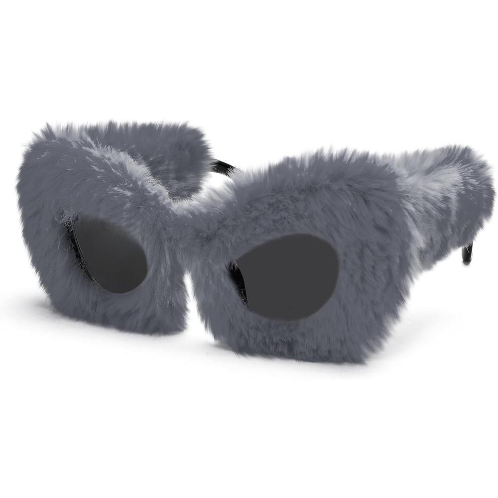 imageFEISEDY Women Plush Fuzzy Cat Eye Sunglasses Punk Soft Velvet Shades Ladies Handmade Party Masquerade Eyewear B2877Grey