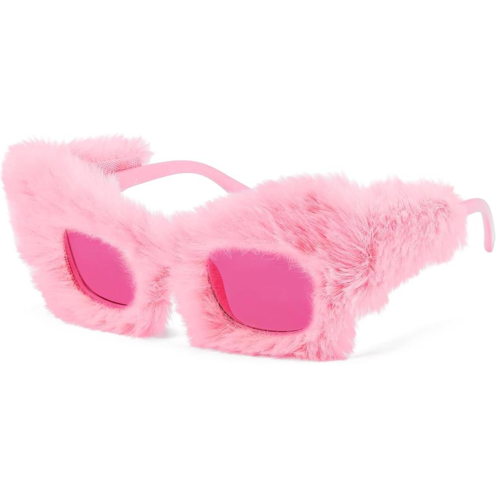 imageFEISEDY Women Plush Fuzzy Cat Eye Sunglasses Punk Soft Velvet Shades Ladies Handmade Party Masquerade Eyewear B2877Pink 0086