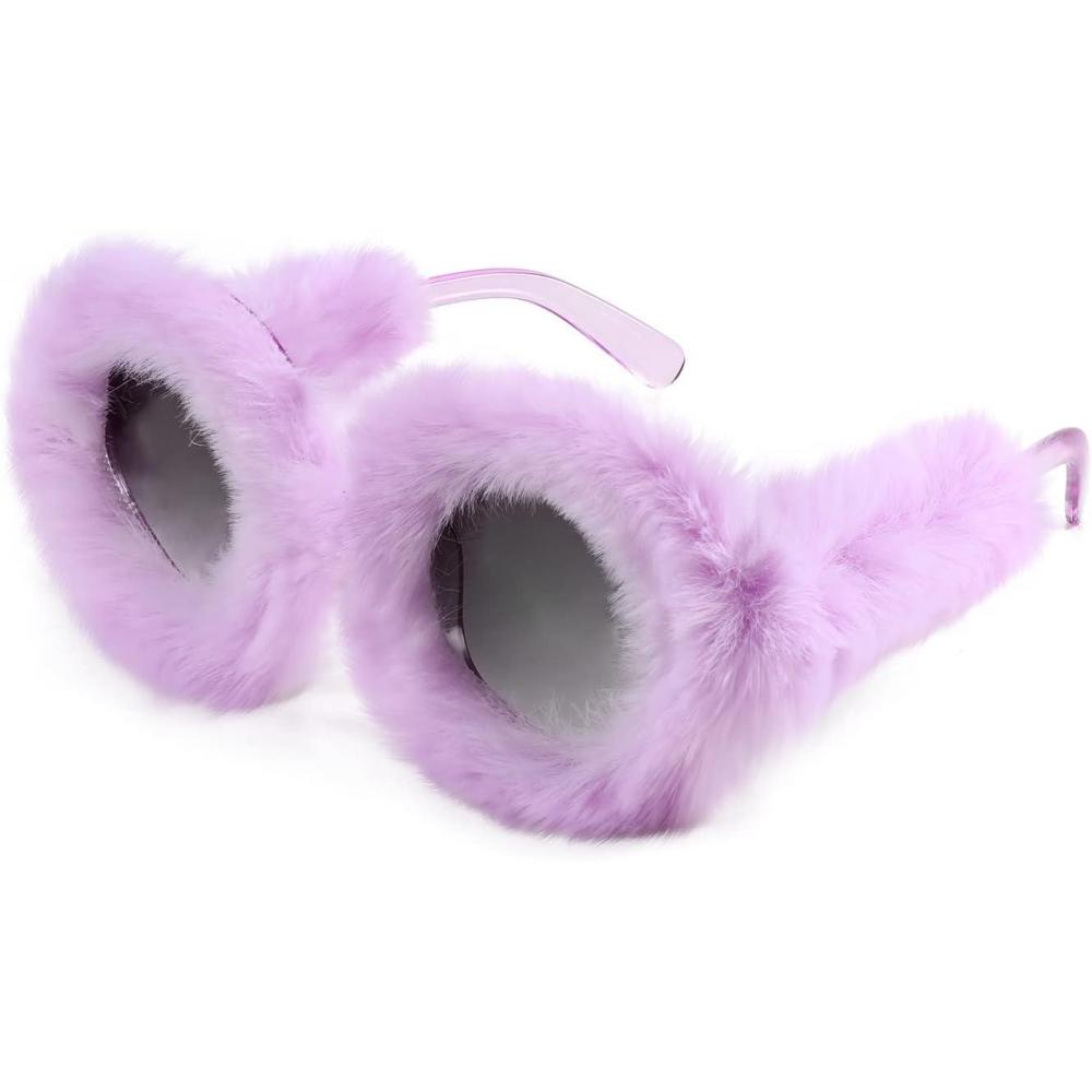 imageFEISEDY Women Plush Fuzzy Cat Eye Sunglasses Punk Soft Velvet Shades Ladies Handmade Party Masquerade Eyewear B2877Purple Round 2889