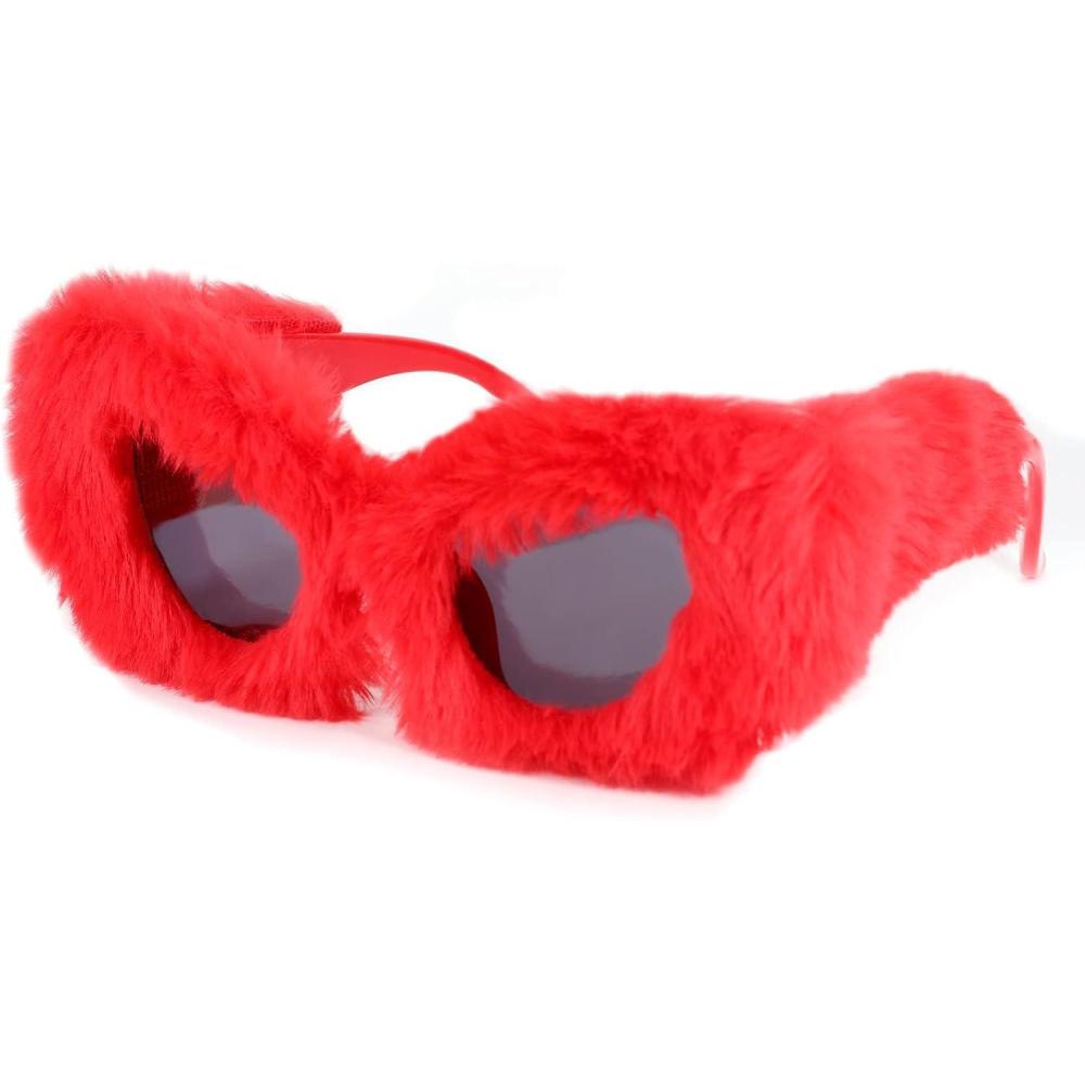 imageFEISEDY Women Plush Fuzzy Cat Eye Sunglasses Punk Soft Velvet Shades Ladies Handmade Party Masquerade Eyewear B2877Red