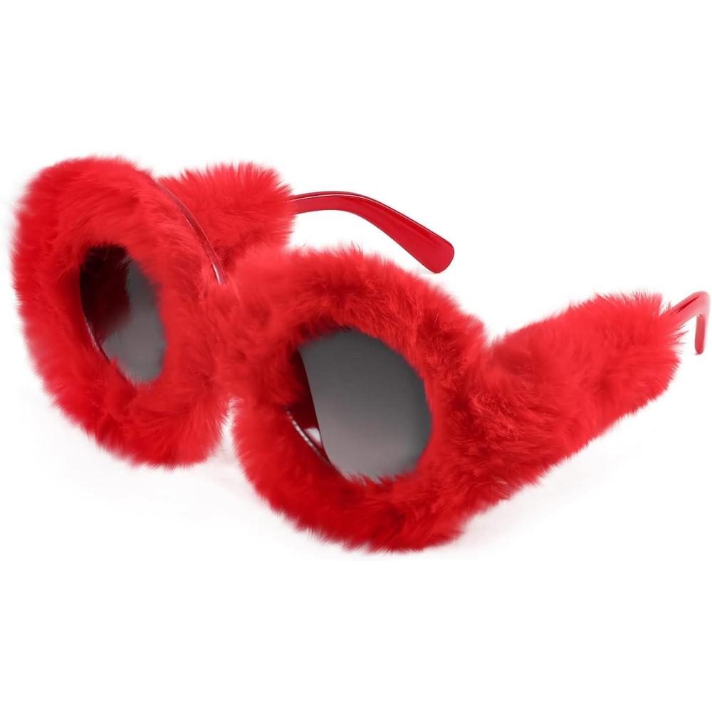 imageFEISEDY Women Plush Fuzzy Cat Eye Sunglasses Punk Soft Velvet Shades Ladies Handmade Party Masquerade Eyewear B2877Red Round 2889