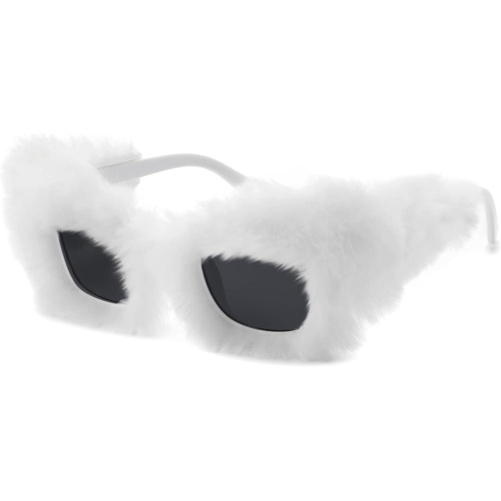 imageFEISEDY Women Plush Fuzzy Cat Eye Sunglasses Punk Soft Velvet Shades Ladies Handmade Party Masquerade Eyewear B2877WhiteGrey Lens 0086
