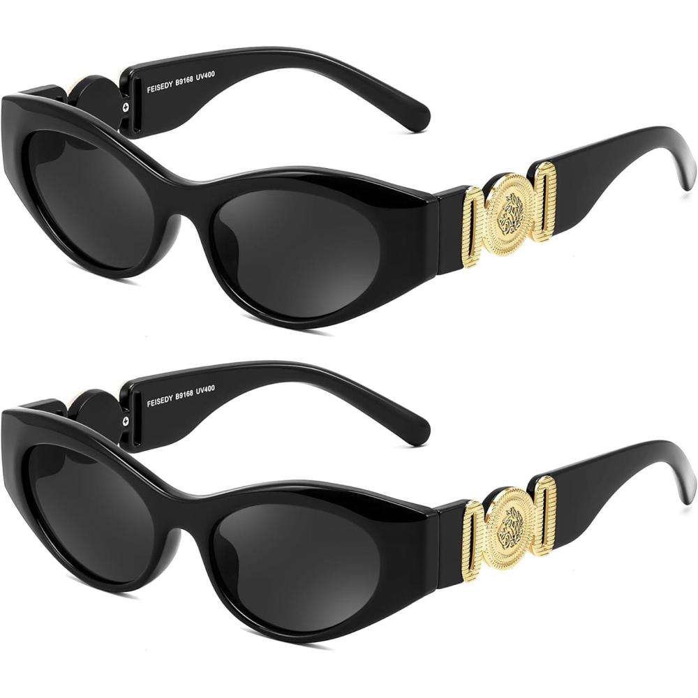 imageFEISEDY Women Small Sunglasses Cat Eye Frame 90s Vintage Men Glasses Y2k Narrow Thick Style Shades B91682 Pack Blackblack