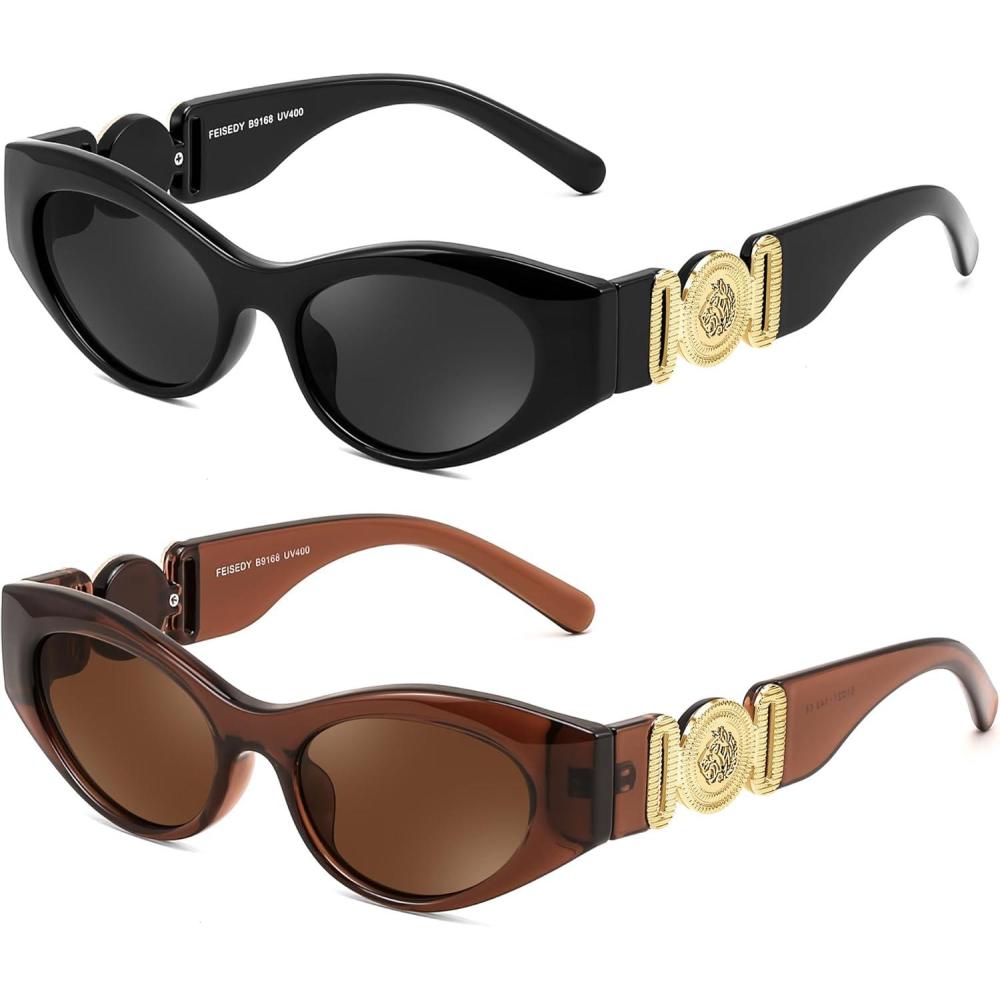 imageFEISEDY Women Small Sunglasses Cat Eye Frame 90s Vintage Men Glasses Y2k Narrow Thick Style Shades B91682 Pack Blackbrown