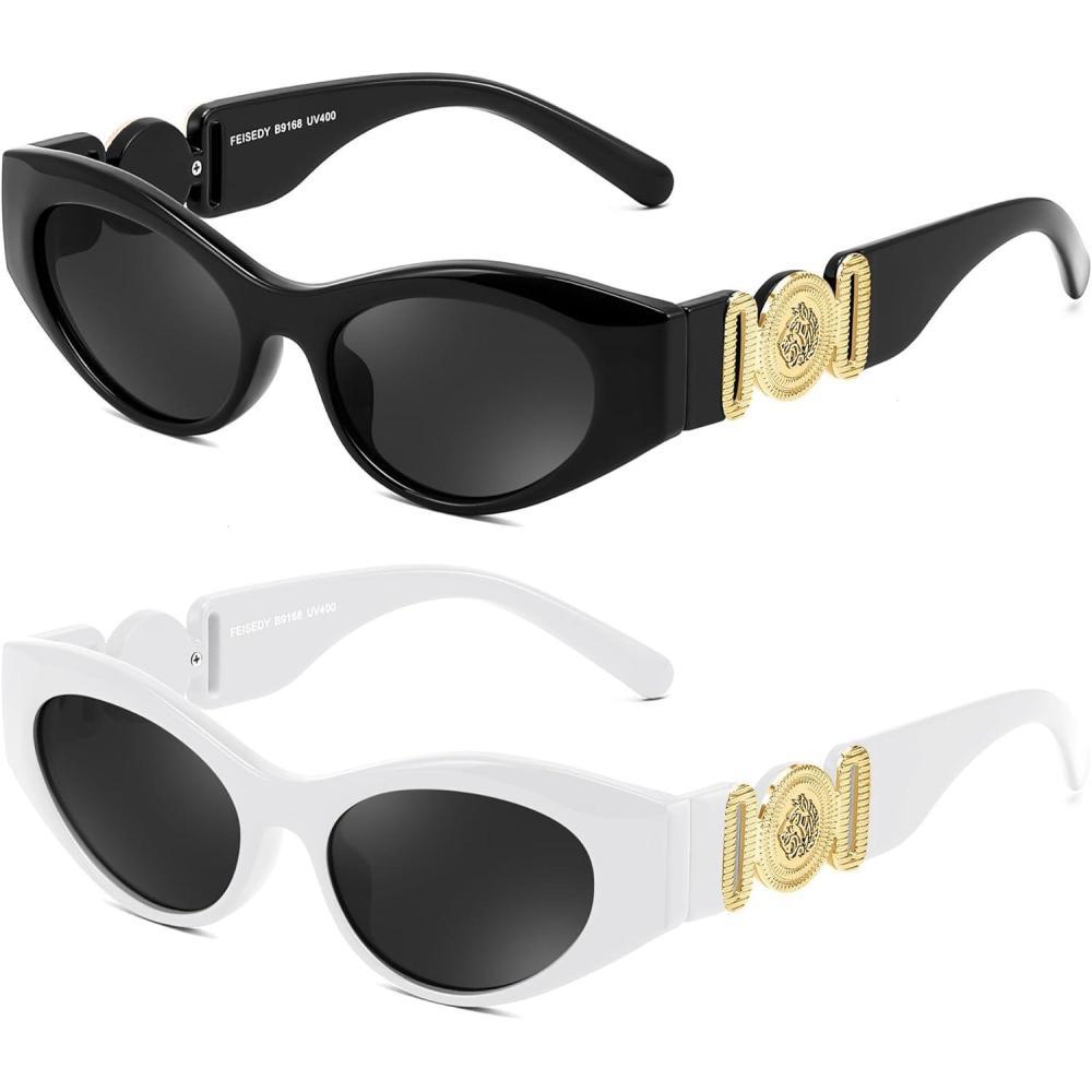 imageFEISEDY Women Small Sunglasses Cat Eye Frame 90s Vintage Men Glasses Y2k Narrow Thick Style Shades B91682 Pack Blackwhite