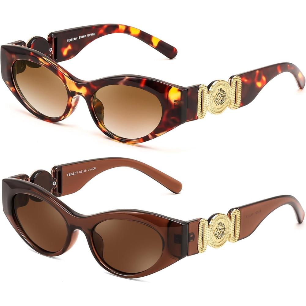 imageFEISEDY Women Small Sunglasses Cat Eye Frame 90s Vintage Men Glasses Y2k Narrow Thick Style Shades B91682 Pack Leopardbrown