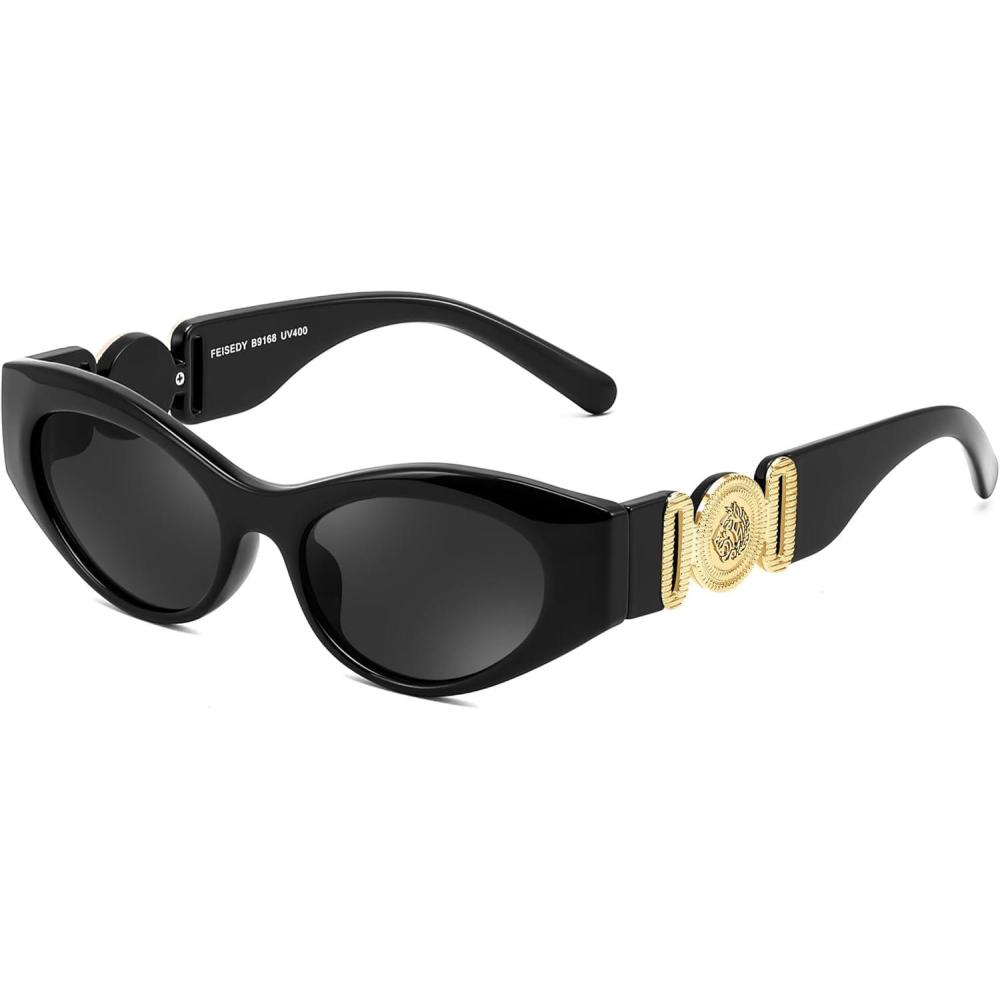 imageFEISEDY Women Small Sunglasses Cat Eye Frame 90s Vintage Men Glasses Y2k Narrow Thick Style Shades B9168Black Frame Gray Lens