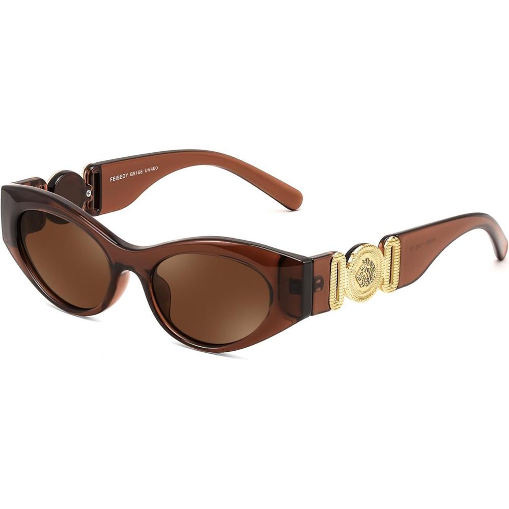 imageFEISEDY Women Small Sunglasses Cat Eye Frame 90s Vintage Men Glasses Y2k Narrow Thick Style Shades B9168Brown Frame Brown Lens