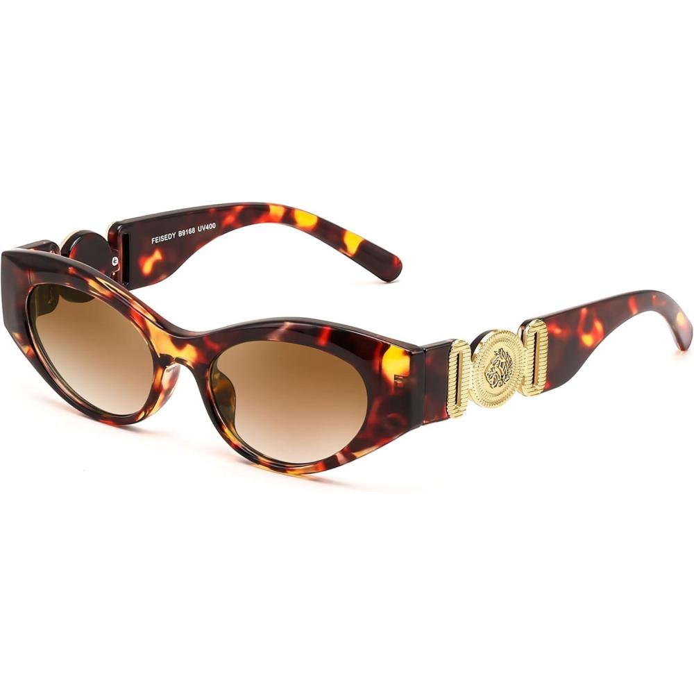 imageFEISEDY Women Small Sunglasses Cat Eye Frame 90s Vintage Men Glasses Y2k Narrow Thick Style Shades B9168Leopard Frame Brown Lens