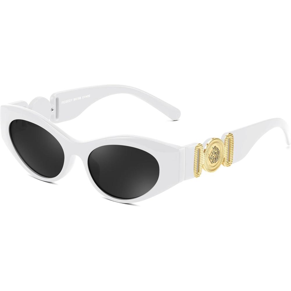 imageFEISEDY Women Small Sunglasses Cat Eye Frame 90s Vintage Men Glasses Y2k Narrow Thick Style Shades B9168White Frame Gray Lens