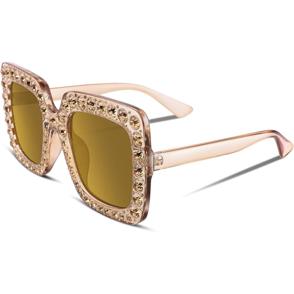 imageFEISEDY Women Sparkling Crystal Sunglasses Oversized Square Thick Frame B22832 Champagne Gold