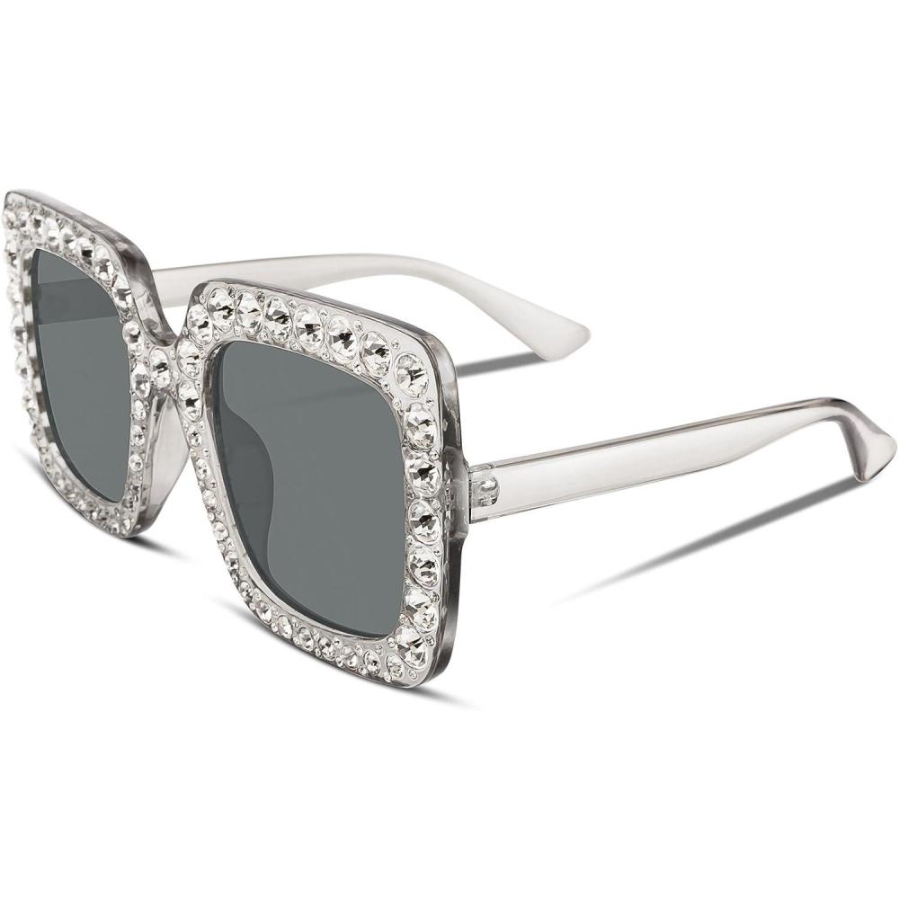imageFEISEDY Women Sparkling Crystal Sunglasses Oversized Square Thick Frame B22833 Transparent  Grey